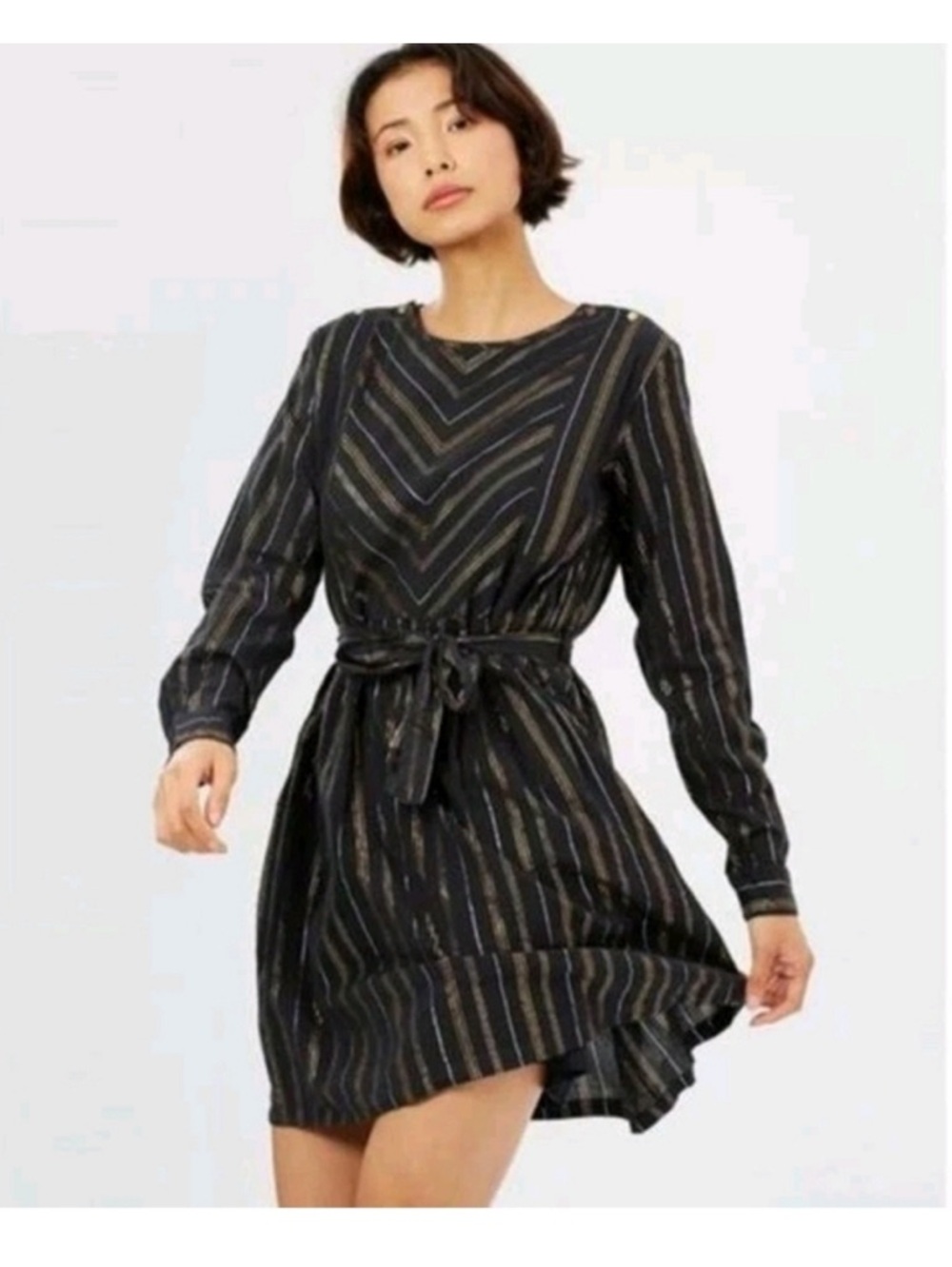 Scotch‎ & Soda Maison Black Long-Sleeve Metallic Striped Midi Dress w/ Waist Tie